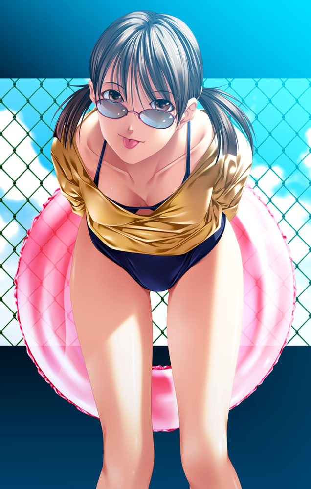 rezi, original, bad id, bad pixiv id, 1girl, :p, bent over, bikini, breasts, brown eyes, brown hair, cleavage, cowboy shot, day, downblouse, female focus, glasses, innertube, looking at viewer, medium breasts, solo, swim ring, swimsuit, thigh gap, thighs, tongue, tongue out, twintails