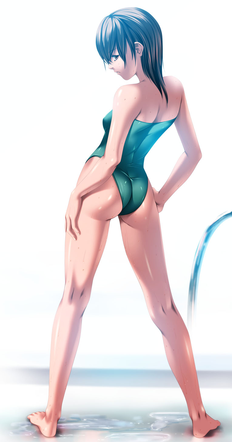 rezi, original, bad id, bad pixiv id, highres, 1girl, ass, bare shoulders, barefoot, brown eyes, brown hair, feet, female focus, flat chest, from behind, kneepits, legs, long legs, looking back, one-piece swimsuit, solo, swimsuit, wet, white background