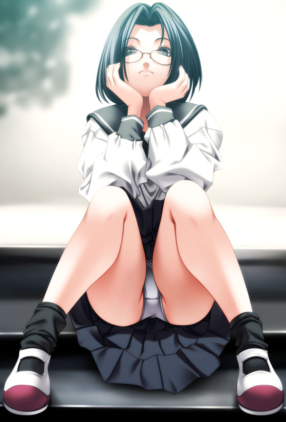 rezi, original, bad id, bad pixiv id, 1girl, female focus, glasses, legs, long legs, panties, pantyshot, school uniform, serafuku, sitting, solo, underwear, upskirt, white panties