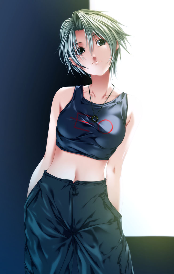 rezi, original, bad id, bad pixiv id, 1girl, backlighting, cowboy shot, female focus, green eyes, green hair, head tilt, jewelry, matching hair/eyes, midriff, necklace, short hair, solo, tank top