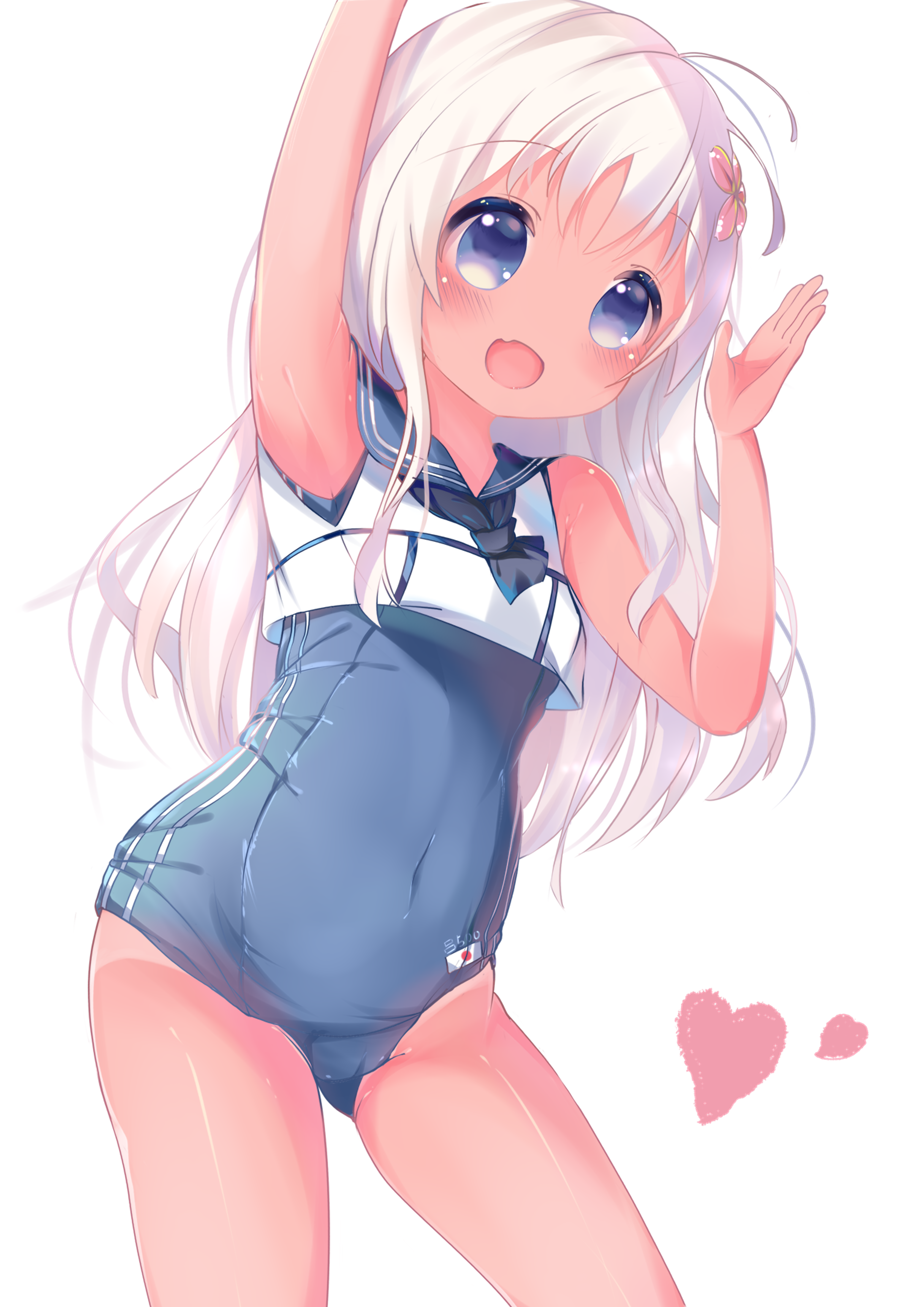 ro-500 (kancolle), kantai collection, absurdres, highres, 1girl, black neckerchief, blue eyes, blue one-piece swimsuit, blue sailor collar, dark-skinned female, dark skin, fang, flower, gingaryuu, hair flower, hair ornament, heart, long hair, neckerchief, one-piece swimsuit, sailor collar, sailor shirt, school swimsuit, shirt, skin fang, sleeveless, sleeveless shirt, smile, solo, swimsuit, tan, tanline, white hair, white shirt