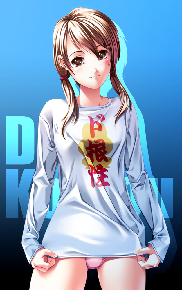 rezi, original, bad id, bad pixiv id, blush, brown eyes, brown hair, lips, no pants, panties, pink panties, solo, twintails, underwear