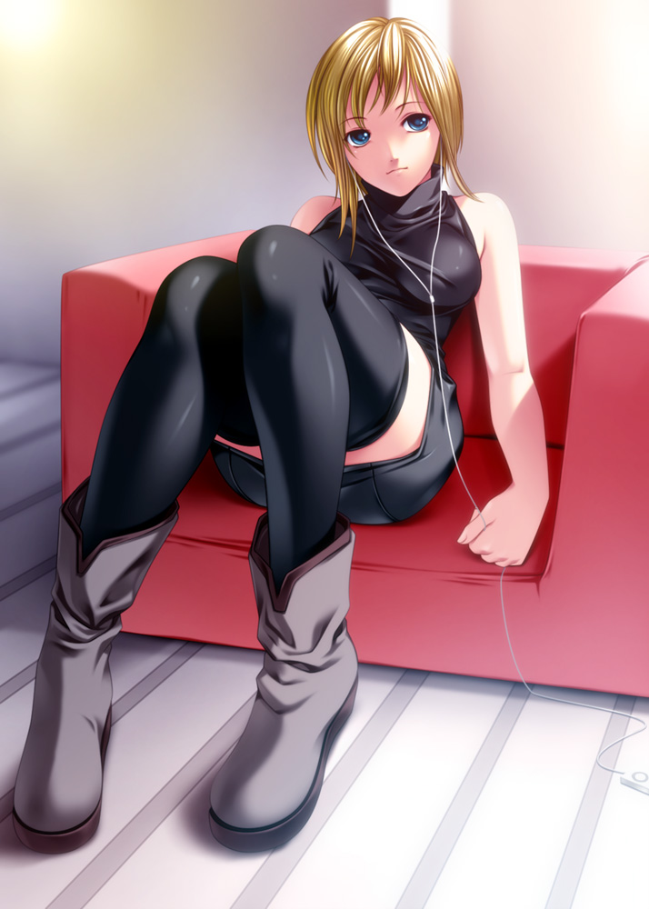 rezi, original, bad id, bad pixiv id, 1girl, bare shoulders, blonde hair, blue eyes, boots, digital media player, earphones, female focus, ipod, legs, long legs, short hair, sitting, skirt, solo, thighhighs, zettai ryouiki