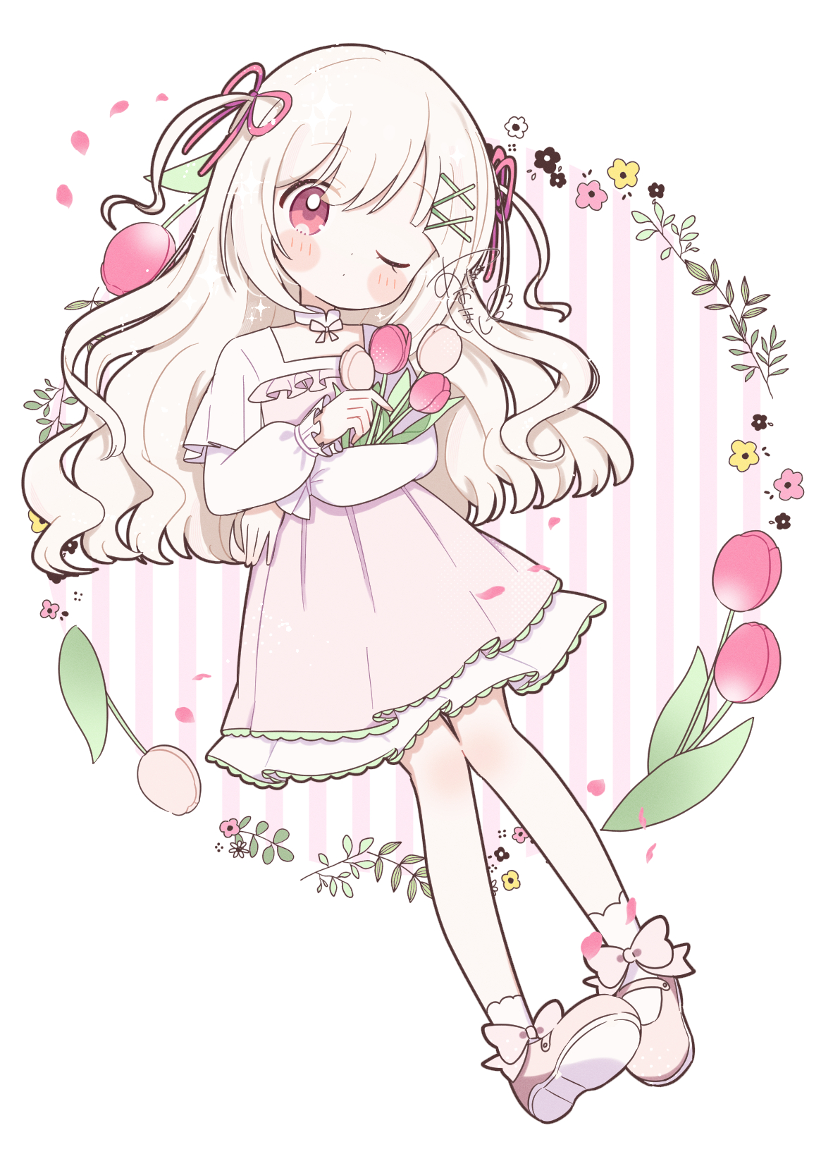 aobahosino, original, commentary, highres, symbol-only commentary, 1girl, blonde hair, blush stickers, bow, closed mouth, dress, flower, footwear bow, full body, hair ornament, hair ribbon, holding, holding flower, long hair, long sleeves, looking at viewer, pink bow, pink dress, pink flower, pink ribbon, pink shoes, pink tulip, red eyes, ribbon, shoes, signature, socks, solo, standing, tulip, two side up, white socks, x hair ornament