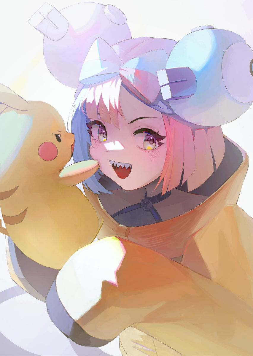bolcham, iono (pokemon), pikachu, nintendo, pokemon, pokemon sv, commentary request, highres, 1girl, :d, blue hair, bow-shaped hair, gen 1 pokemon, grey shirt, hands up, jacket, long sleeves, multicolored hair, open mouth, pink hair, pokemon (creature), shirt, sleeveless, sleeveless shirt, sleeves past fingers, sleeves past wrists, smile, teeth, two-tone hair, upper teeth only, yellow jacket
