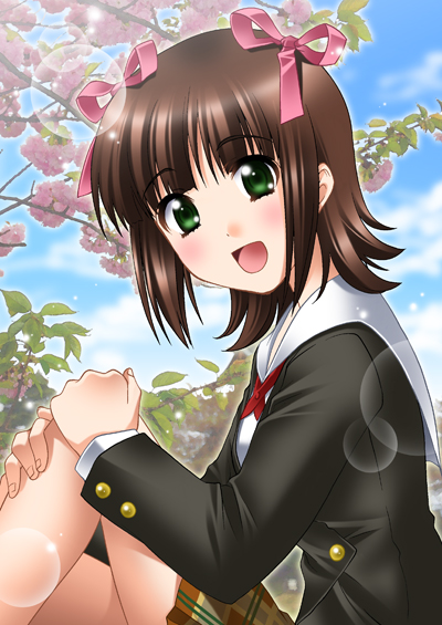 itsuki sayaka, amami haruka, idolmaster, idolmaster (classic), idolmaster 1, 00s, 1girl, :d, blue sky, blush, brown hair, brown skirt, cherry blossoms, day, female focus, knee up, open mouth, outdoors, plant, short hair, skirt, sky, smile, solo, tareme, tree