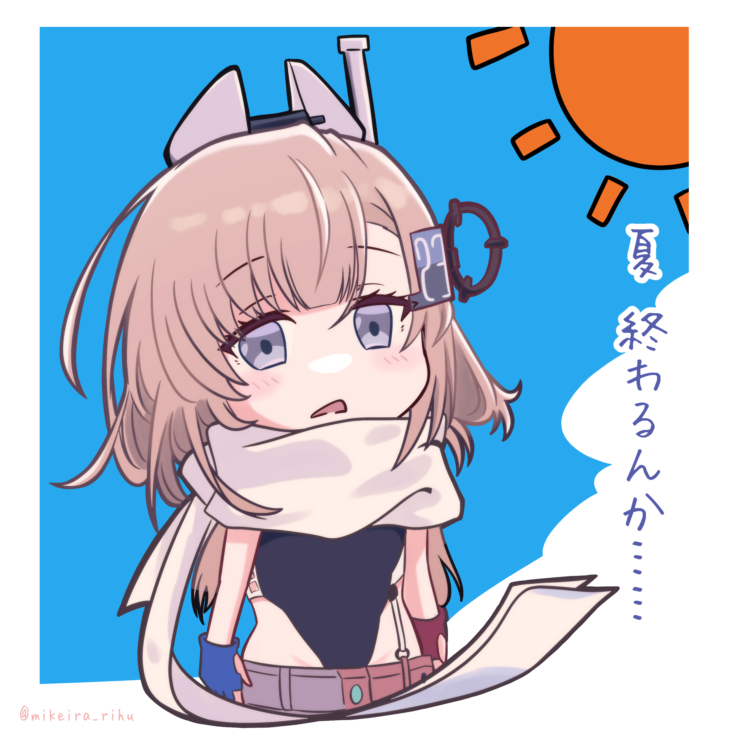 mikeira rihu, wahoo (kancolle), kantai collection, absurdres, highres, translation request, 1girl, american flag, american flag print, american flag skirt, asymmetrical gloves, black one-piece swimsuit, blue gloves, denim, denim skirt, fingerless gloves, flag print, gloves, grey eyes, grey hair, hair ornament, highleg, highleg one-piece swimsuit, long hair, mismatched gloves, one-piece swimsuit, print skirt, red gloves, scarf, skirt, solo, sun, super highleg, swimsuit, two-tone one-piece swimsuit, white one-piece swimsuit, white scarf