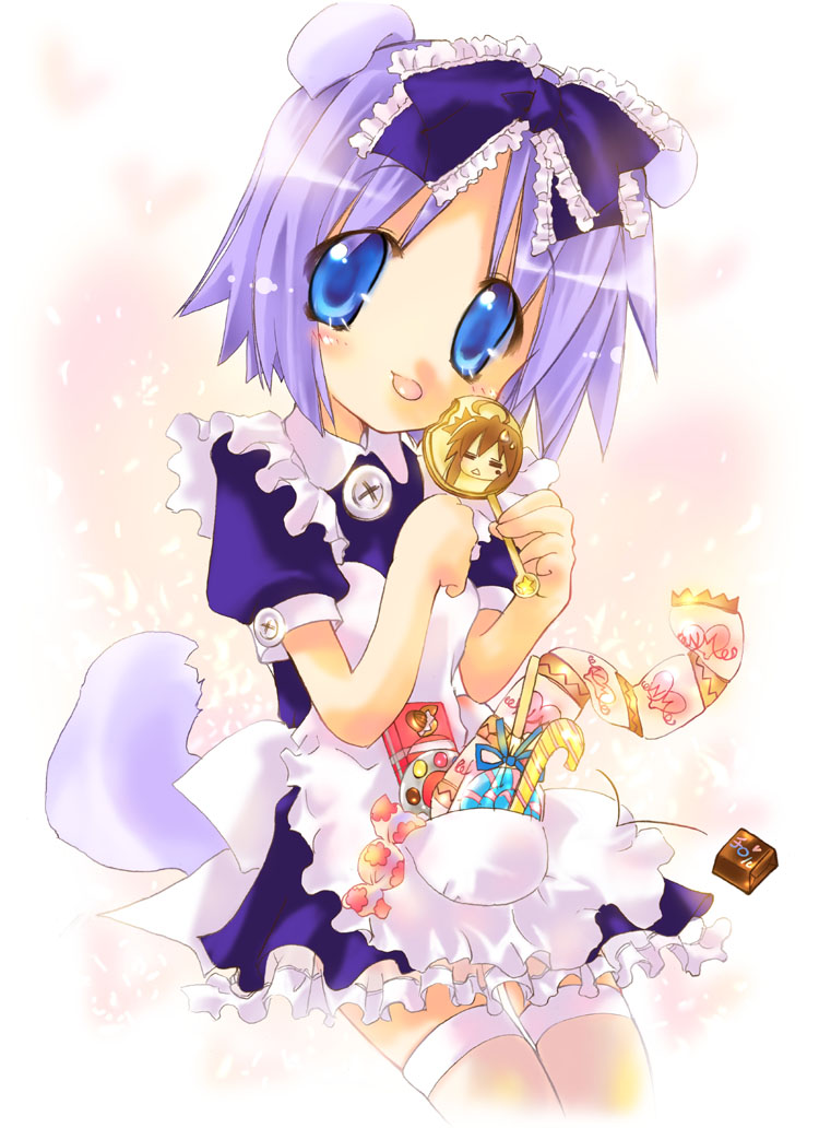 nyanmilla, hiiragi tsukasa, lucky star, 00s, 1girl, :p, = =, ahoge, animal ears, apron, blue eyes, bow, brown hair, candy, cowboy shot, dog ears, dog tail, dress, female focus, food, frilled bow, frills, gradient background, hair bow, head tilt, lollipop, looking at viewer, maid, mole, mole under eye, pink hair, pocket, puffy short sleeves, puffy sleeves, purple bow, purple dress, short hair, short sleeves, solo, standing, tail, tareme, thighhighs, tongue, tongue out, white apron, white thighhighs, zettai ryouiki