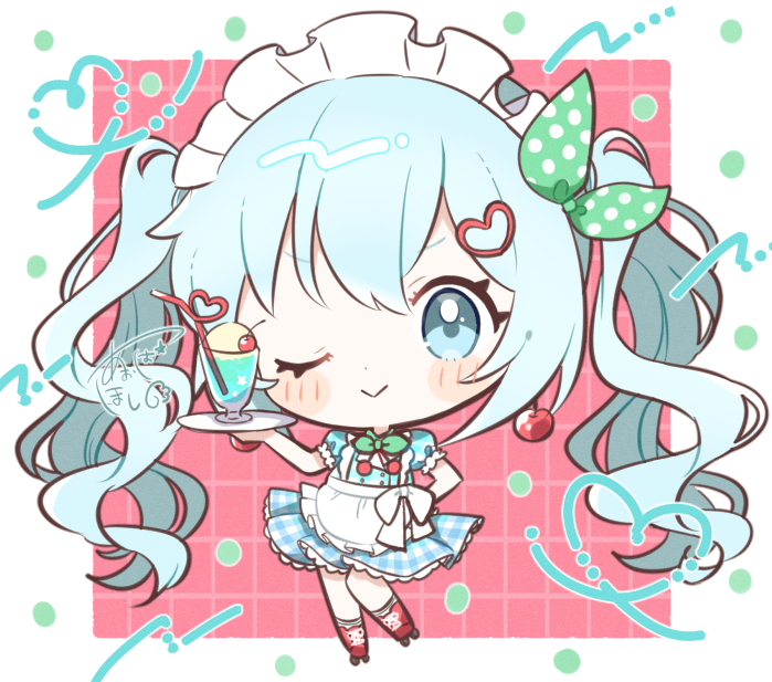 aobahosino, hatsune miku, vocaloid, commentary, 1girl, apron, aqua eyes, aqua hair, blue dress, blush, bow, bowtie, cherry, cherry earrings, chibi, dress, drink, earrings, food, food-themed earrings, food themed earrings, frilled apron, frilled dress, frills, fruit, green bow, green bowtie, hair between eyes, hair bow, hair ornament, hairpin, heart, heart hair ornament, holding, holding plate, jewelry, long hair, looking at viewer, maid headdress, one eye closed, plaid clothes, plaid dress, plate, puffy short sleeves, puffy sleeves, short sleeves, smile, solo, twintails, waist apron, white apron