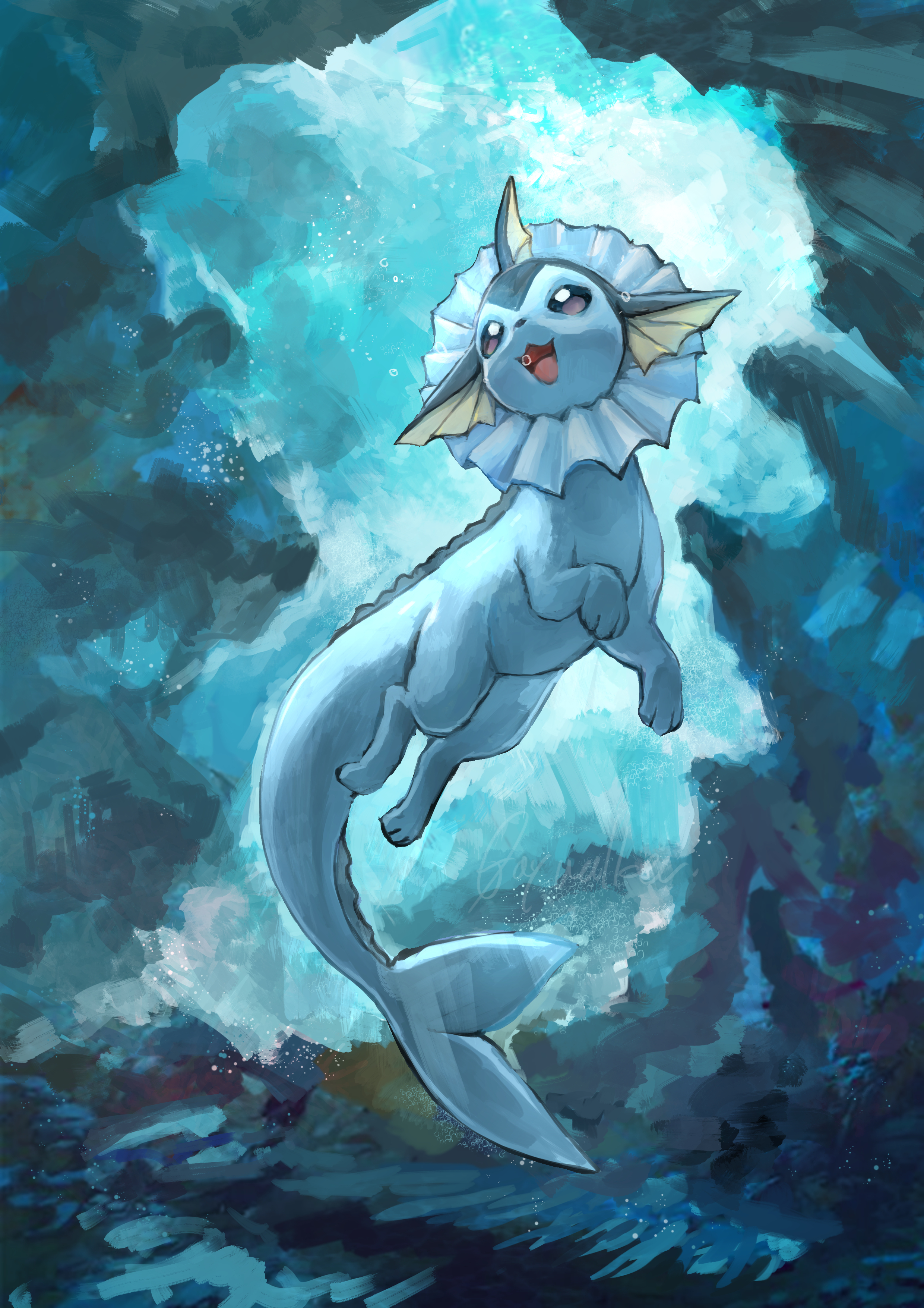 day walker1117, vaporeon, nintendo, pokemon, absurdres, commentary request, highres, :3, animal focus, artist name, blank eyes, blue background, blue eyes, blue theme, bubble, english text, full body, gen 1 pokemon, happy, looking up, no humans, open mouth, pokemon (creature), pokemon focus, signature, smile, solo, swimming, underwater