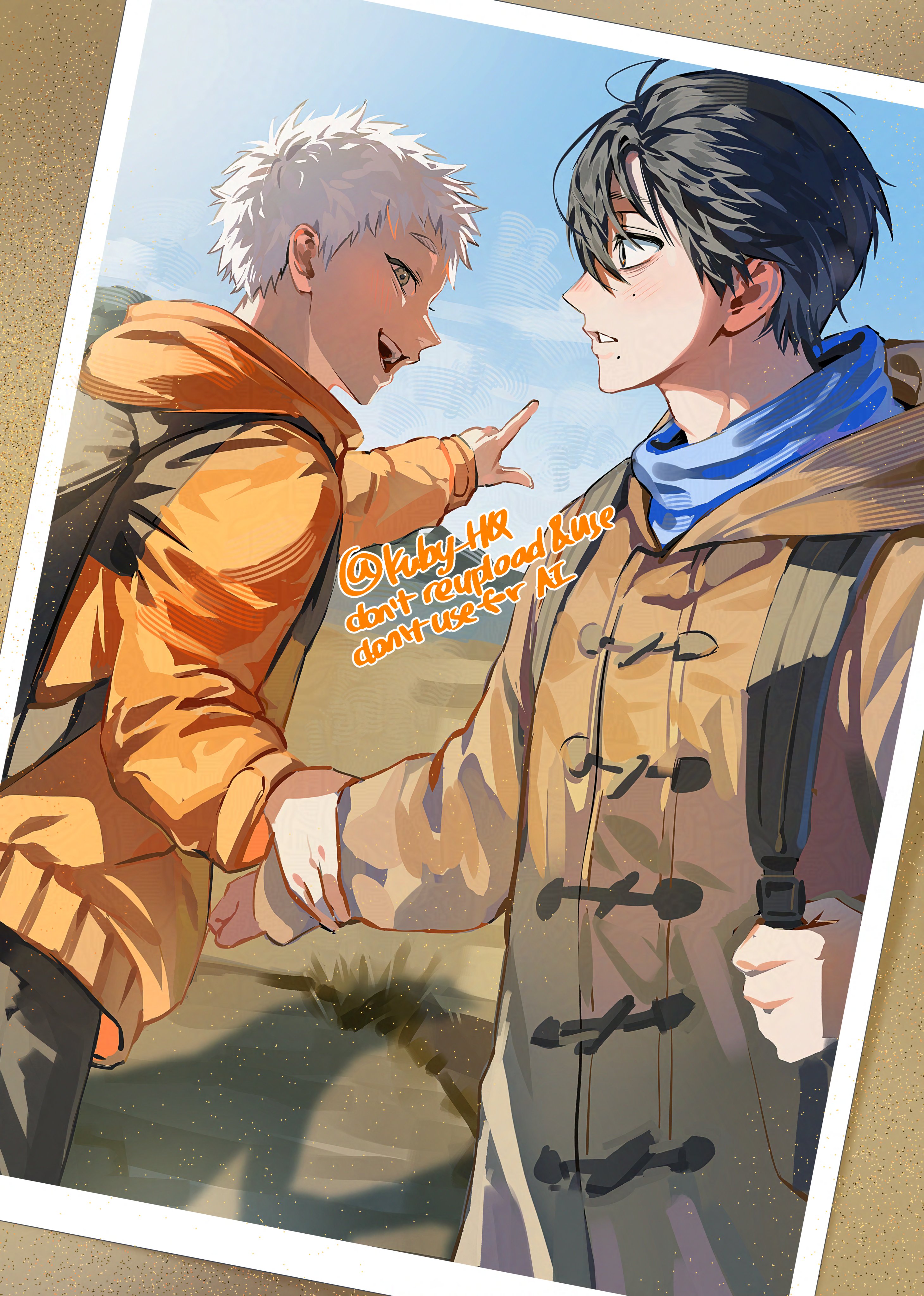 kuby hq, indou hikaru, tsujinaka yoshiki, hikaru ga shinda natsu, absurdres, hashtag-only commentary, highres, 2boys, alternate costume, backpack, bag, black hair, hand on another's arm, long sleeves, looking at another, male focus, mole, mole on cheek, mole under mouth, multiple boys, multiple moles, photo (object), pointing, short hair, smile, teeth, twitter username, white hair, winter clothes