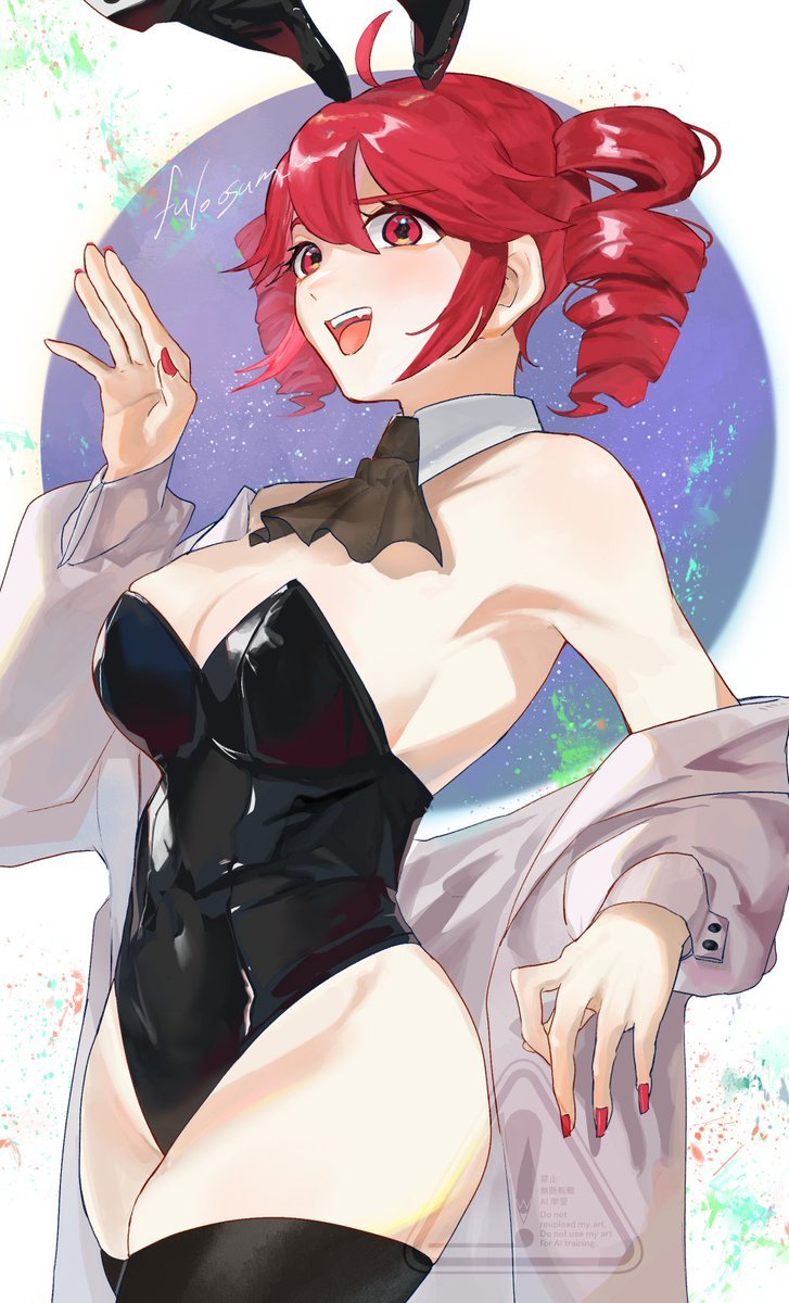 fuloosamu, kasane teto, utau, commentary request, highres, 1girl, ahoge, animal ears, ascot, breasts, bunny day, coat, covered navel, cowboy shot, detached collar, drill hair, fake animal ears, fang, fingernails, large breasts, latex, latex leotard, leotard, long fingernails, long sleeves, nail polish, off shoulder, open mouth, pink eyes, playboy bunny, rabbit ears, sideboob, smile, solo, strapless, strapless leotard, thighhighs, twin drills, watermark