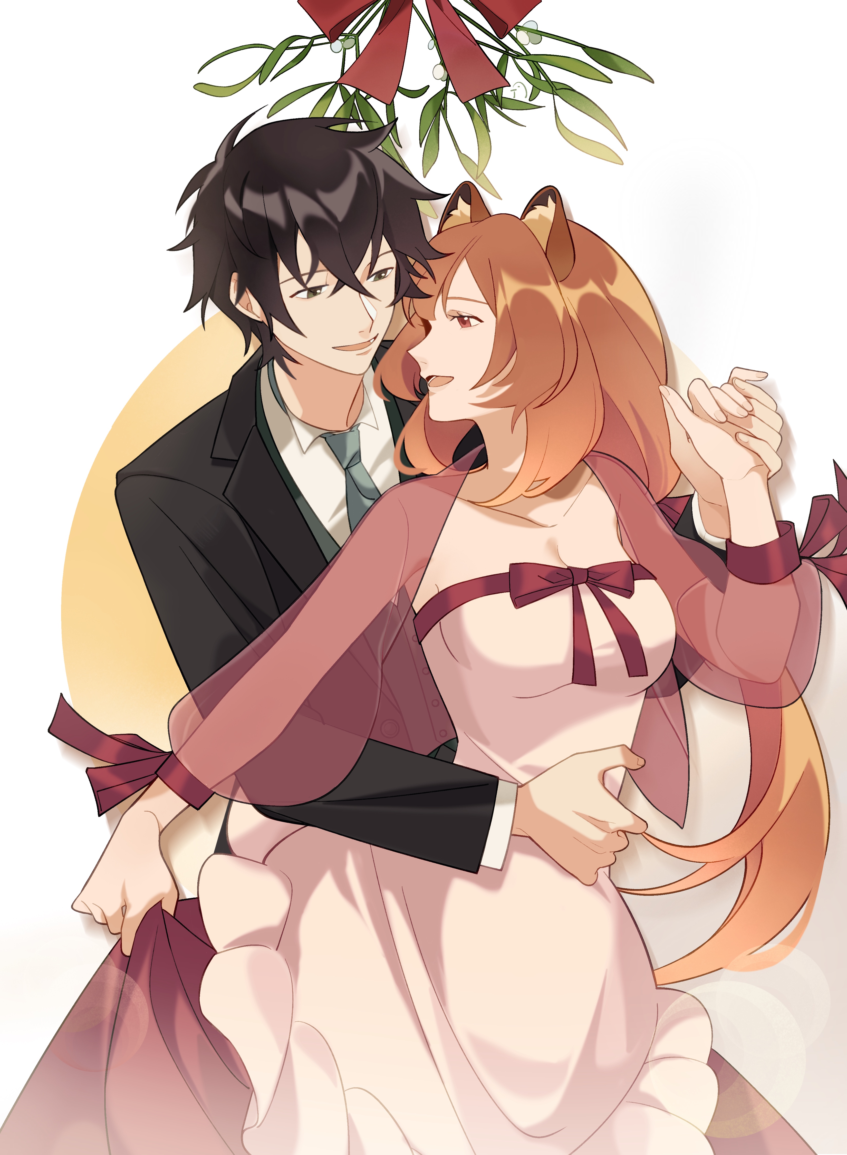 dice657523, iwatani naofumi, raphtalia, tate no yuusha no nariagari, absurdres, chinese commentary, commentary, commentary request, english commentary, highres, mixed-language commentary, 1boy, 1girl, :d, alternate costume, animal ear fluff, animal ears, aqua necktie, black hair, black jacket, black suit, breasts, brown hair, cleavage, collarbone, collared shirt, couple, cowboy shot, dress, formal clothes, green eyes, hair between eyes, holding hands, jacket, long hair, long sleeves, looking at another, medium breasts, messy hair, mistletoe, necktie, open mouth, raccoon ears, raccoon girl, red eyes, red shrug, red skirt, see-through shrug, shirt, short hair, sidelocks, signature, simple background, skirt, skirt hold, skirt under dress, sleeveless, sleeveless dress, smile, straight hair, strapless, strapless dress, suit, suit jacket, white background, white dress, white shirt, yellow background