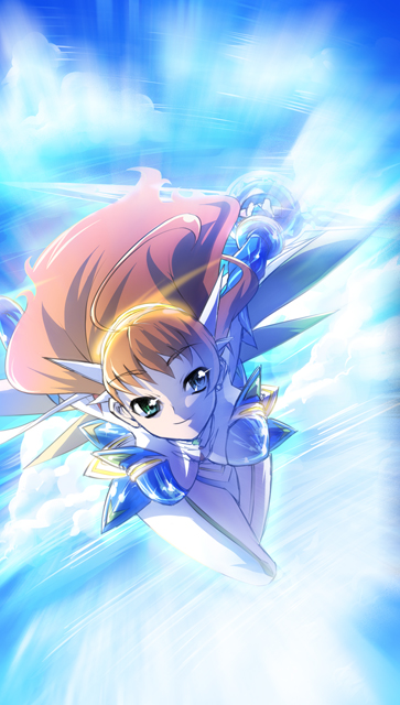 nekomamire, arika yumemiya, my-otome, 00s, 1girl, ahoge, blue eyes, breasts, brown hair, cloud, female focus, flying, full body, outdoors, sky, solo