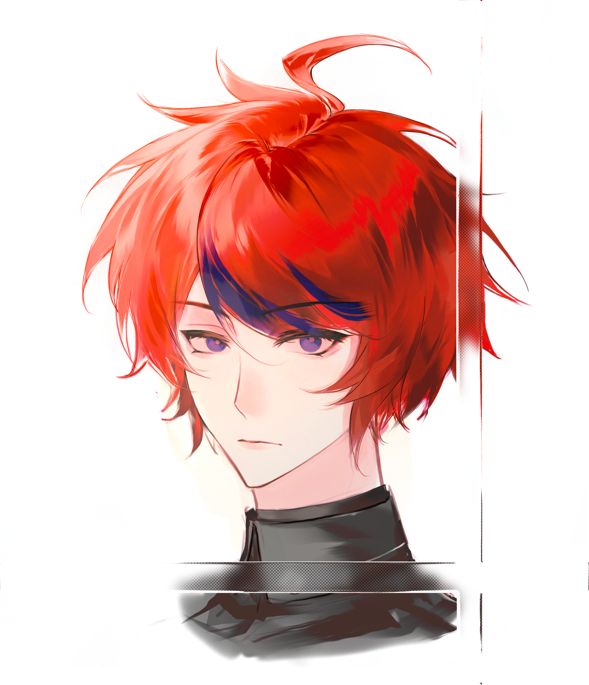 sumino takumi, the hundred line -last defense academy-, chinese commentary, commentary request, highres, 1boy, ahoge, black jacket, blue eyes, blue hair, closed mouth, cropped torso, e605232131, expressionless, jacket, last defense academy school uniform, male focus, multicolored hair, red hair, red pupils, school uniform, short hair, simple background, solo, streaked hair, tsurime, two-tone hair, white background