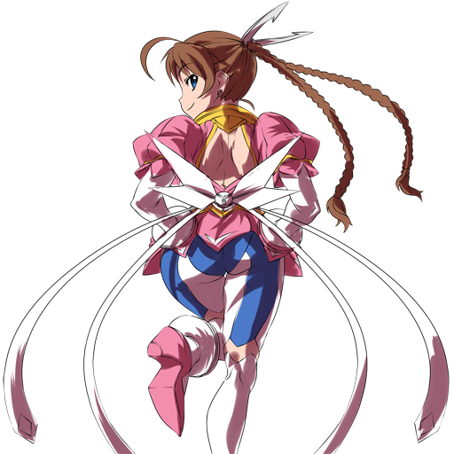 nekomamire, arika yumemiya, my-otome, 00s, 1girl, ahoge, ass, back, blue eyes, braid, brown hair, female focus, long hair, looking back, simple background, solo, standing, twin braids, white background