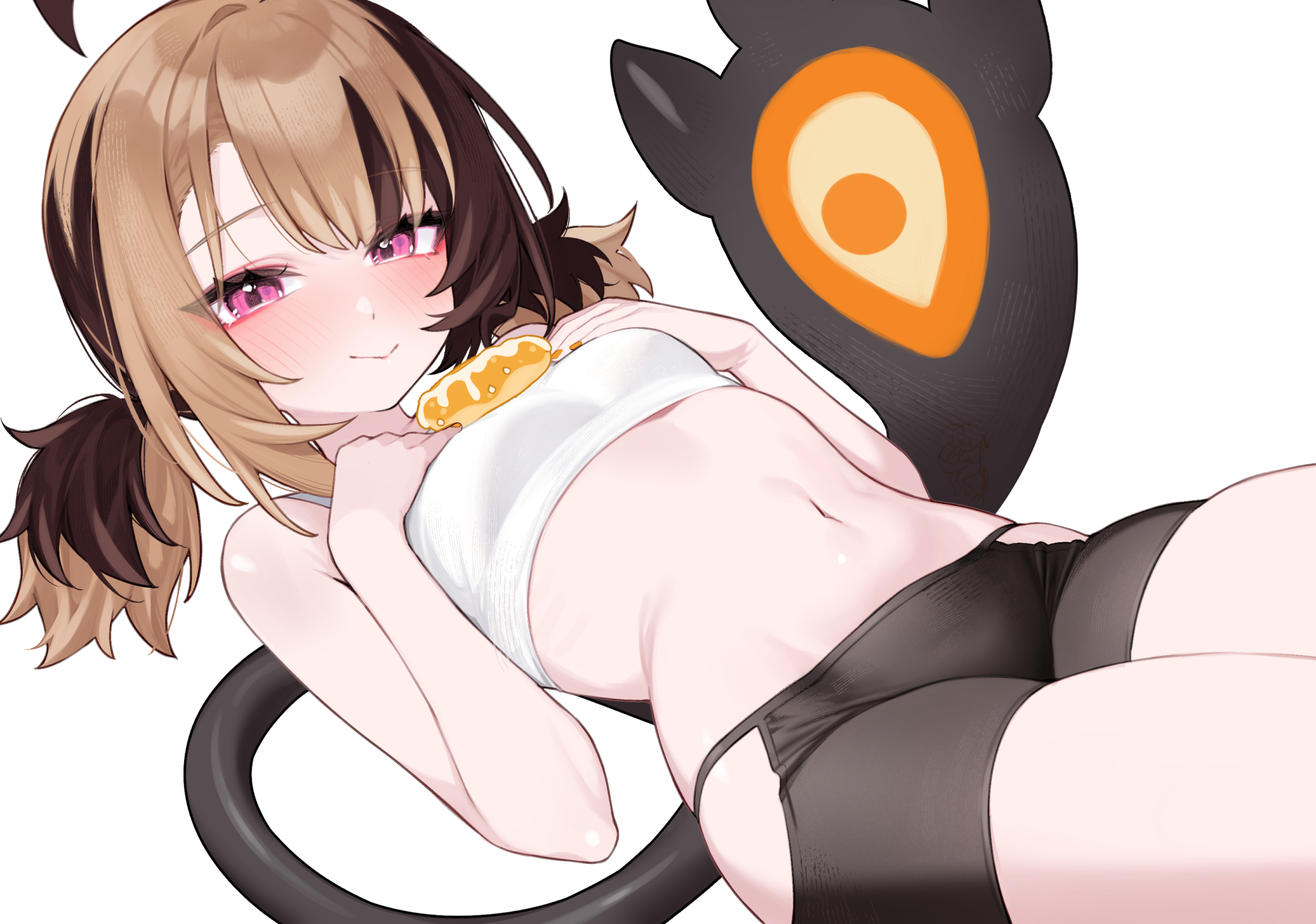 hoshi usagi, gigi murin, hololive, hololive english, commentary, english commentary, highres, 1girl, :>, ahoge, bike shorts, black shorts, bra, breasts, brown hair, closed mouth, clothing cutout, donut, food, food on body, food on breasts, hip vent, looking at viewer, multicolored hair, navel, pink eyes, short hair, short shorts, short twintails, shorts, simple background, sitting, small breasts, solo, stomach, tail, twintails, two-tone hair, underwear, virtual youtuber, white background, white bra