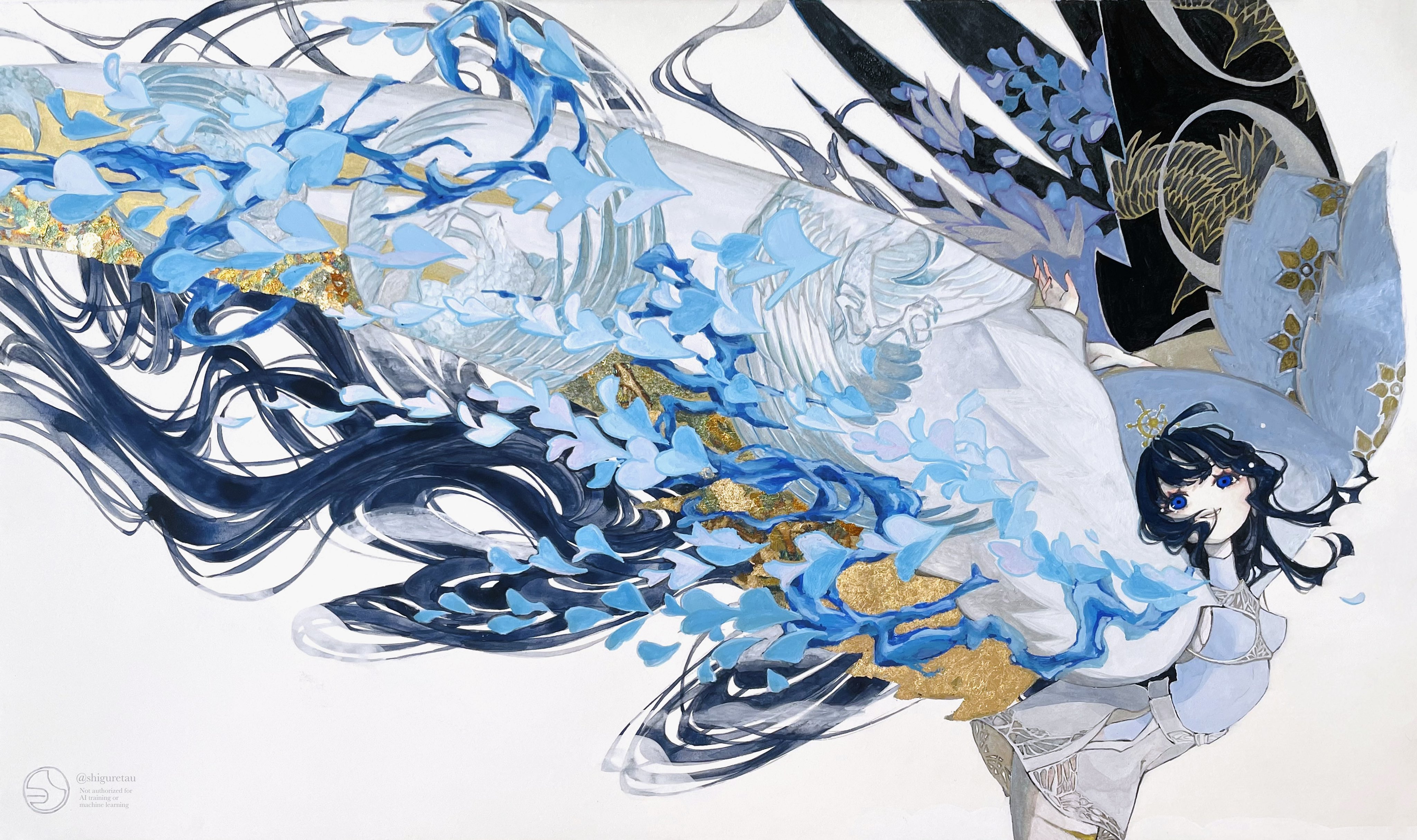 shiguretau, original, absurdres, highres, 1girl, absurdly long hair, arms up, bent over, black hair, blue eyes, blue shirt, breasts, colored skin, eyelashes, floating hair, from side, high-waist skirt, long hair, looking up, print sleeves, shirt, sideboob, signature, simple background, skirt, skirt cutout, sleeveless, sleeveless shirt, solo, turtleneck, turtleneck shirt, very long hair, wavy hair, white skin, white skirt, wide sleeves