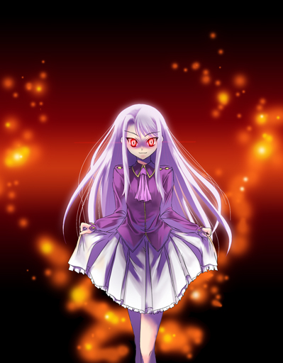 nekomamire, illyasviel von einzbern, fate/stay night, fate (series), light purple hair, 00s, 1girl, ascot, clothes lift, female focus, glowing, glowing eyes, long hair, red eyes, skirt, skirt lift, smile, solo