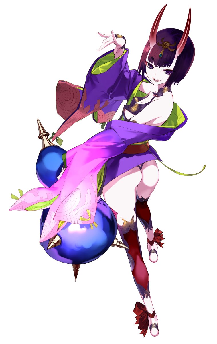 okazaki takeshi, shuten douji (fate), fate/grand order, fate (series), highres, 1girl, ankle ribbon, bare shoulders, breasts, bridal gauntlets, detached leggings, eyeliner, full body, gourd, headpiece, horns, japanese clothes, kimono, leg ribbon, long sleeves, looking at viewer, makeup, obi, oni, open mouth, purple eyes, purple hair, purple kimono, revealing clothes, ribbon, sash, short hair, short kimono, skin-covered horns, small breasts, smile, solo, wide sleeves