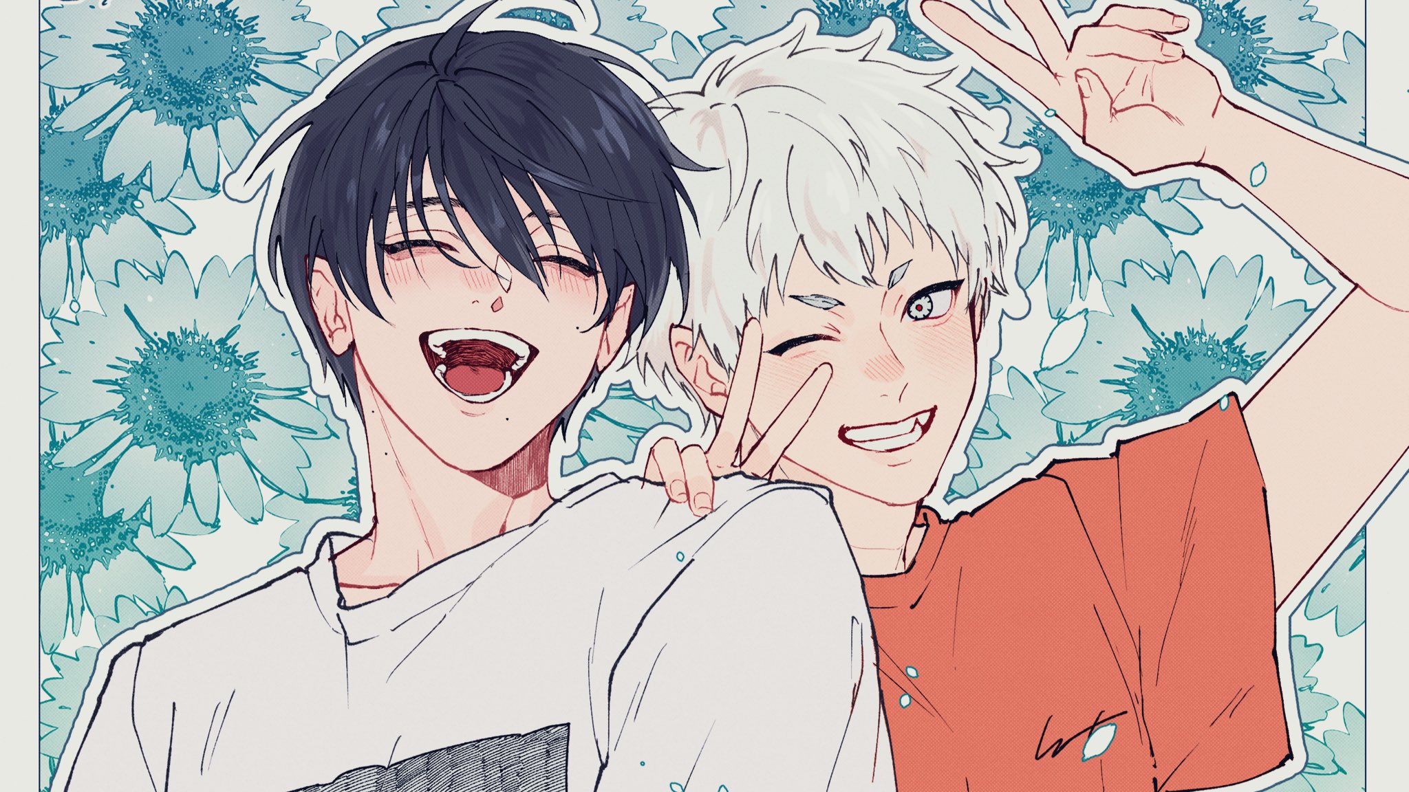 sono nu, indou hikaru, tsujinaka yoshiki, hikaru ga shinda natsu, commentary request, flower request, highres, 2boys, alternate costume, black hair, closed eyes, flower, grin, happy, light blush, male focus, mole, mole on cheek, mole on neck, mole under eye, mole under mouth, multiple boys, multiple moles, one eye closed, open mouth, orange shirt, shirt, short hair, smile, teeth, tongue, upper body, v, v-shaped eyebrows, white hair, white shirt