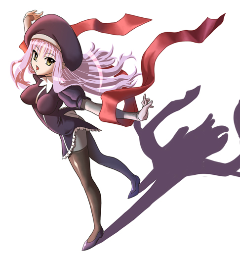 nekomamire, caren hortensia, fate/hollow ataraxia, fate/stay night, fate (series), silver hair, 00s, 1girl, beret, blunt bangs, brown pantyhose, female focus, from above, full body, green eyes, hat, layered sleeves, long hair, looking at viewer, looking up, outstretched arms, pantyhose, shade, shawl, solo, standing, very long hair