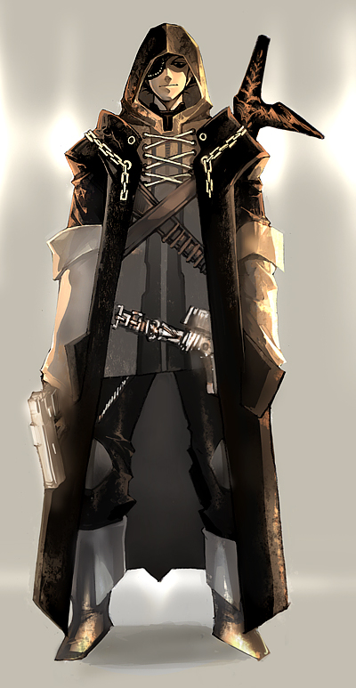 11 (yoshitaka), bad id, bad pixiv id, 11, 1boy, belt, chain, coat, eyepatch, gun, male focus, solo, sword, tunic, weapon