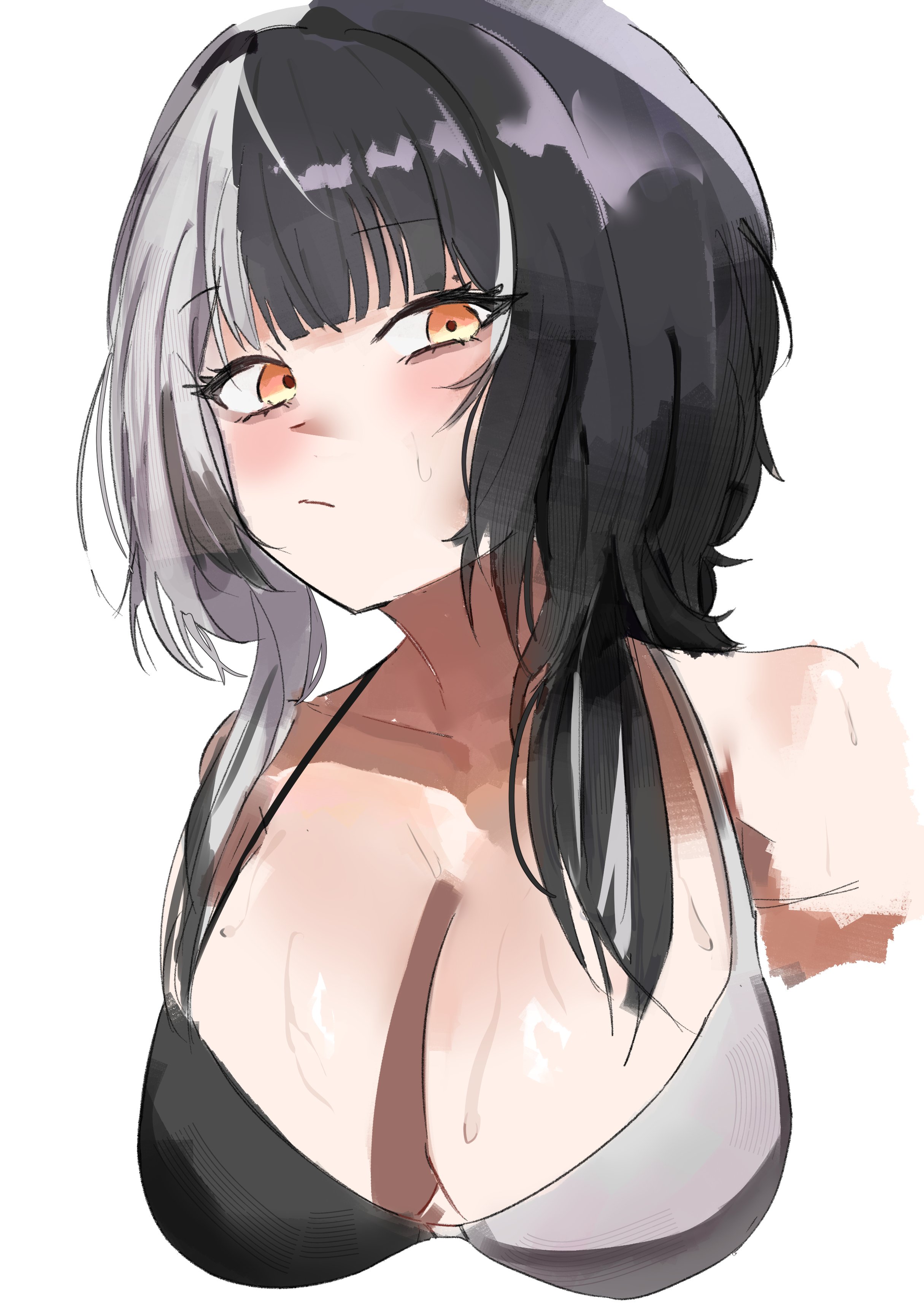 shiori novella, hololive, hololive english, absurdres, commentary, english commentary, highres, 1girl, bikini, black bikini, black hair, breasts, closed mouth, grey bikini, grey hair, large breasts, long hair, multicolored bikini, multicolored hair, simple background, solo, split-color hair, swimsuit, tomosakaaa, two-tone bikini, two-tone hair, virtual youtuber, wet, white background, yellow eyes