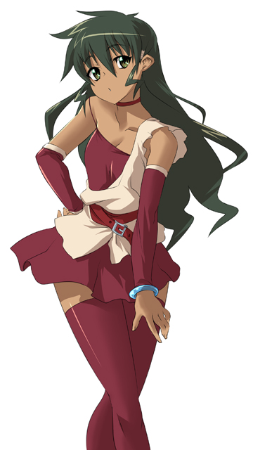 nekomamire, jasmine (deltora quest), deltora quest, 00s, 1girl, black hair, cowboy shot, dark-skinned female, dark skin, dress, female focus, simple background, solo, standing, thighhighs, white background