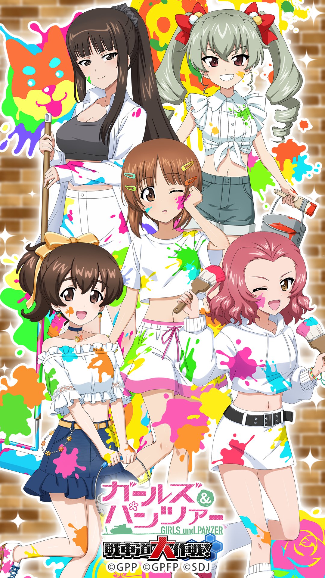 anchovy (girls und panzer), koyama yuzu, nishizumi miho, nishizumi shiho, rosehip (girls und panzer), girls und panzer, girls und panzer senshadou daisakusen!, highres, official art, official wallpaper, 5girls, adjusting hair, bare arms, bare legs, bare shoulders, belt, black belt, black shirt, blue skirt, blunt bangs, bow, bracelet, breasts, brick wall, brown eyes, brown hair, bucket, choker, cleavage, collarbone, collared shirt, copyright name, cropped jacket, cropped shirt, denim, denim skirt, dolphin shorts, drill hair, dual wielding, earrings, flower, food, frilled shirt, frilled skirt, frilled sleeves, frills, fruit, green hair, green shorts, hair between eyes, hair bow, hair ornament, hairclip, holding, holding bucket, holding paint roller, holding paintbrush, hood, hooded jacket, hoodie, jacket, jewelry, leg warmers, legs, long hair, long sleeves, looking at viewer, midriff, miniskirt, mother and daughter, multiple girls, navel, nishizumi family dog, one eye closed, open mouth, orange bow, paint, paint can, paint roller, paint splatter, paint splatter on face, paintbrush, parted hair, pink hair, pizza, ponytail, red bow, red eyes, roller skates, rose, shirt, shoes, short hair, short sleeves, shorts, sidelocks, skates, skating, skirt, smile, standing, standing on one leg, t-shirt, thighs, twin drills, wavy hair, white hoodie, white jacket, white leg warmers, white shirt, white shoes, white shorts, white skirt, yellow background, yuzu (fruit)