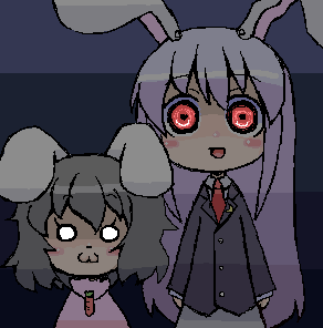 nekoyama, inaba tewi, reisen udongein inaba, touhou, bad id, bad pixiv id, lowres, 2girls, :3, animal ears, black background, chibi, female focus, glowing, glowing eyes, multiple girls, oekaki, rabbit ears, red eyes, standing