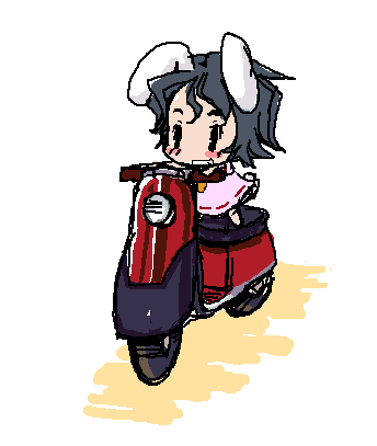 baku taso, itigekimaru, inaba tewi, touhou, vehicle, lowres, 1girl, animal ears, chibi, female focus, motor vehicle, motorcycle, rabbit ears, scooter, simple background, solo, standing, white background