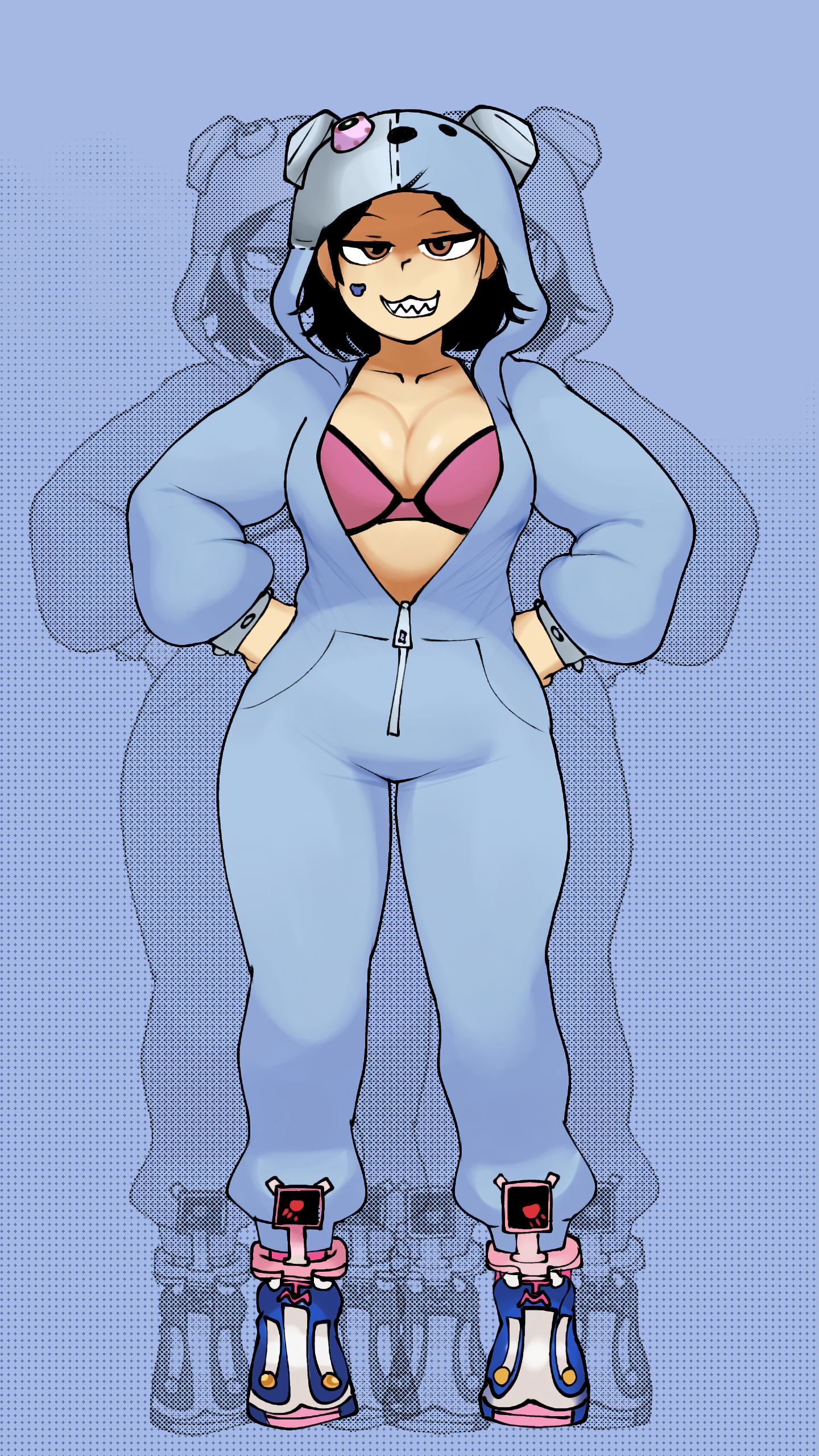daxywt, emi (fighting vipers), fighting vipers, fighting vipers 2, sega, 1girl, :3, black hair, blue pajamas, bra, brown eyes, hands on own hips, hood, hood up, pajamas, sharp teeth, shoes, short hair, simple background, solo, sticker on face, teeth, underwear, unzipped