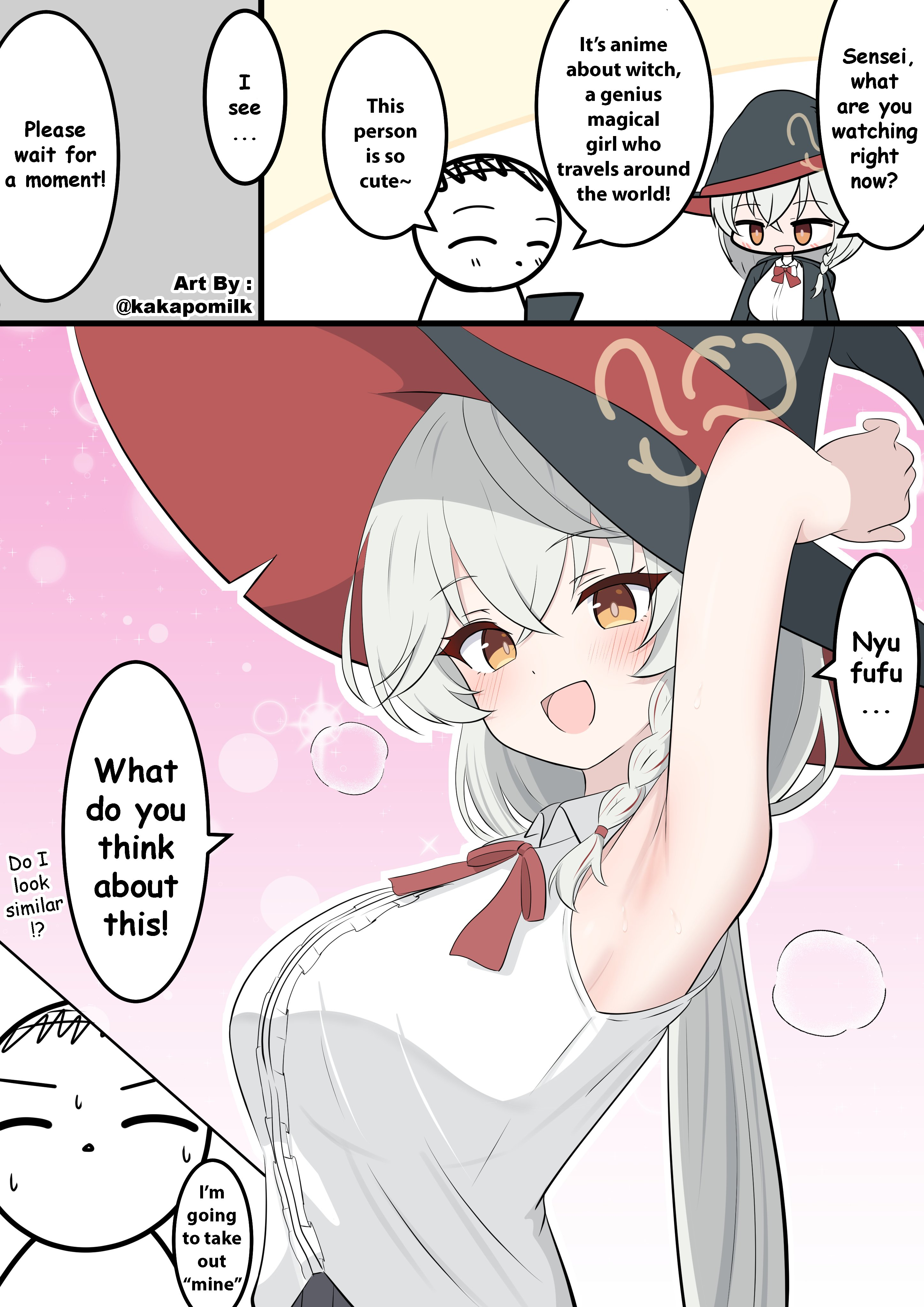 kakapomilk, doodle sensei (blue archive), eri (blue archive), sensei (blue archive), blue archive, 1boy, 1girl, :d, armpits, arms up, blush stickers, bow, bowtie, braid, chibi, comic, english translation, halo, hat, jacket, long coat, long hair, open mouth, orange eyes, shirt, skirt, sleeveless, sleeveless shirt, smile, sweater, white hair, witch hat