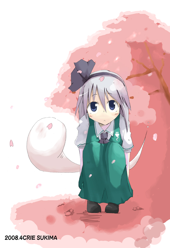 crie, sukima (crie), konpaku youmu, konpaku youmu (ghost), touhou, bad id, bad pixiv id, 1girl, :<, blue eyes, cherry blossoms, female focus, hairband, hitodama, petals, solo, squatting, white hair