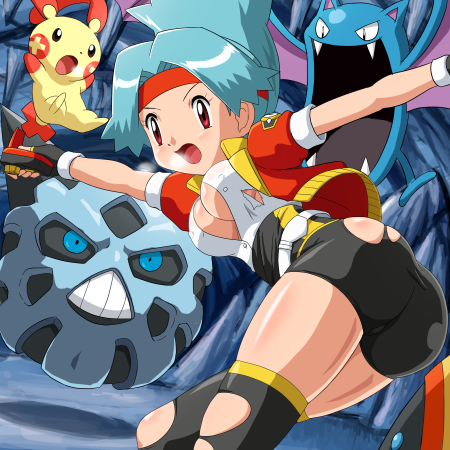 pokemoa, glalie, golbat, plusle, snorunt, solana (pokemon), nintendo, pokemon, pokemon ranger (game), pokemon ranger (series), pokemon ranger 1, uniform, lowres, 00s, 1girl, ass, bike shorts, blue eyes, blue hair, breasts, cleavage, covered erect nipples, gen 1 pokemon, gen 3 pokemon, gloves, headband, large breasts, legs, pokemon (creature), purple eyes, red eyes, skin tight, spandex, thighhighs, tight clothes, torn clothes