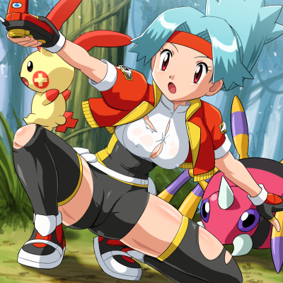 pokemoa, ariados, plusle, solana (pokemon), nintendo, pokemon, pokemon ranger (game), pokemon ranger (series), pokemon ranger 1, uniform, lowres, 00s, 1girl, bike shorts, blue hair, breasts, capture styler, covered erect nipples, gen 2 pokemon, gen 3 pokemon, gloves, grass, headband, large breasts, legs, pokemon (creature), purple eyes, shoes, skin tight, sneakers, spandex, squatting, thighhighs, tight clothes, torn clothes, tree