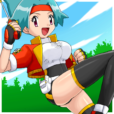 pokemoa, solana (pokemon), nintendo, pokemon, pokemon ranger (game), pokemon ranger (series), pokemon ranger 1, uniform, lowres, 00s, 1girl, bike shorts, blue hair, breasts, female focus, gloves, headband, holster, legs, purple eyes, shoes, skin tight, sneakers, solo, spandex, thighhighs, tight clothes