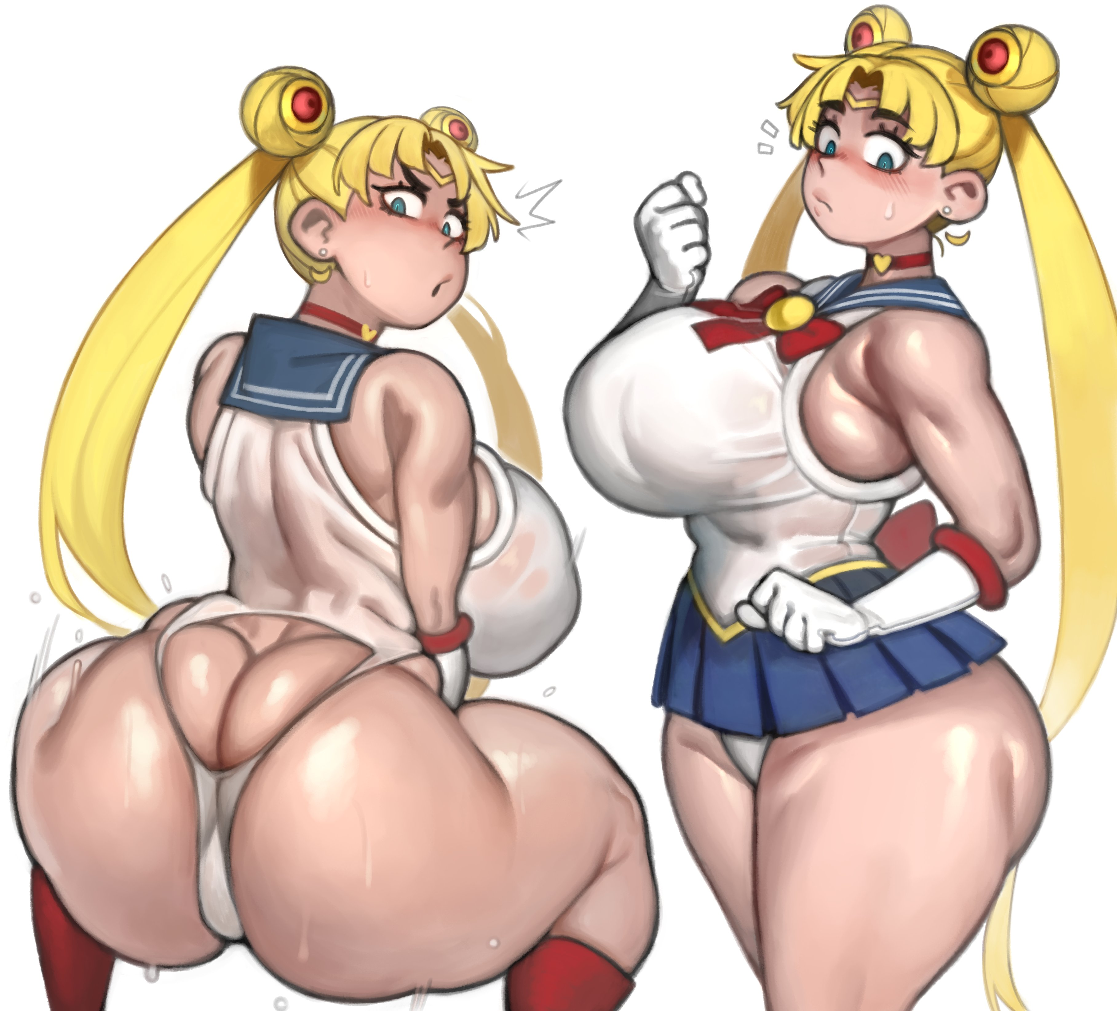 kelvin hiu, sailor moon, tsukino usagi, 1girl, ass, ass focus, ass shake, blonde hair, blue eyes, blue skirt, blush, breasts, choker, cutout clothes, earrings, gloves, hair bun, hair ornament, huge ass, huge breasts, jewelry, long hair, looking back, miniskirt, motion lines, panties, sailor senshi uniform, see-through clothes, skindentation, skirt, sweat, sweatdrop, thick thighs, thighs, twintails, underwear, unifom, wet, white gloves, white panties