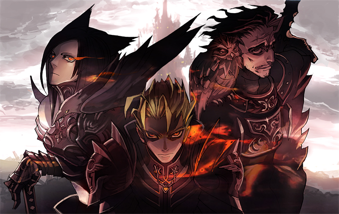 11 (yoshitaka), bad id, bad pixiv id, 11, 1girl, 2boys, armor, bird, castle, cloud, glowing, glowing eyes, landscape, multiple boys, owl, red eyes, sky, sword, weapon