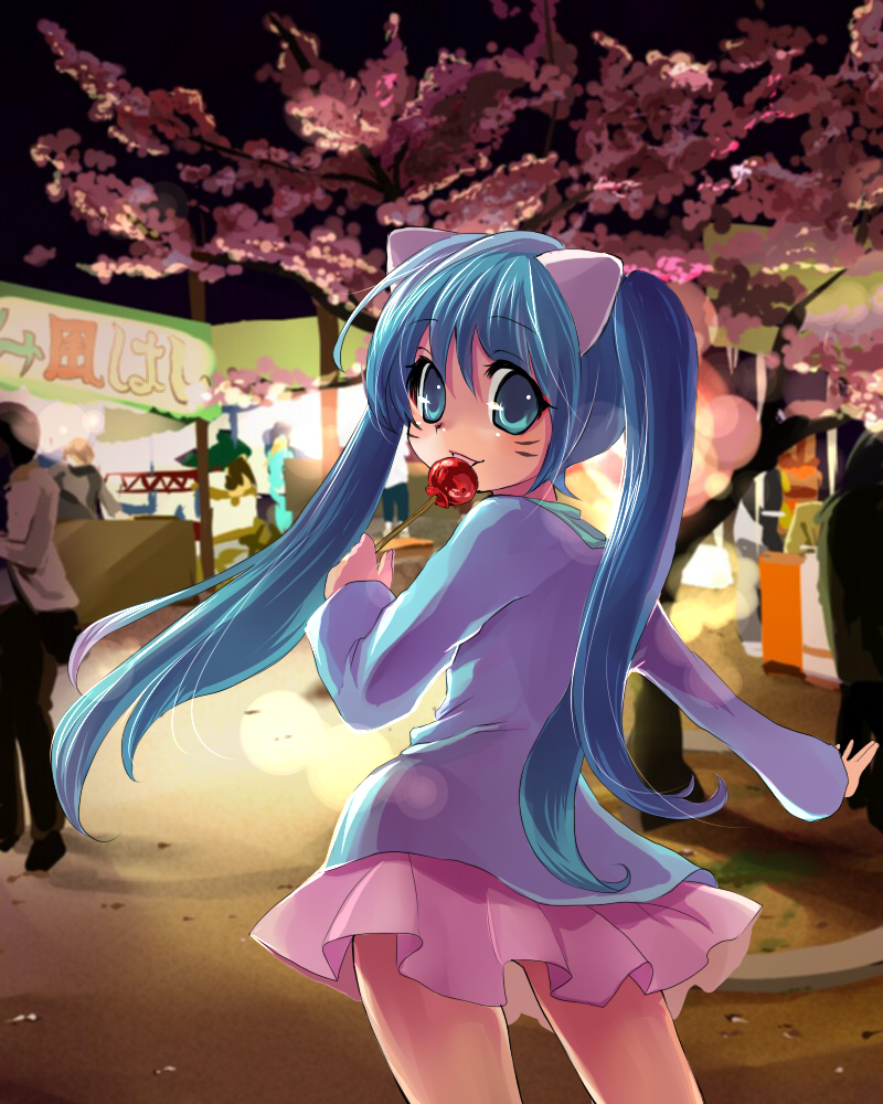 kobanzame, hatsune miku, vocaloid, bad id, bad pixiv id, 1girl, aged down, animal ears, blue hair, candy, candy apple, casual, cat ears, female focus, festival, food, lollipop, looking back, smile, solo, twintails, whiskers