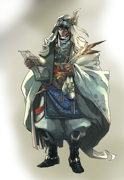 11 (yoshitaka), ornament, bad id, bad pixiv id, 11, 1boy, book, boots, glasses, male focus, pen, quill, robe, scarf, solo, turban