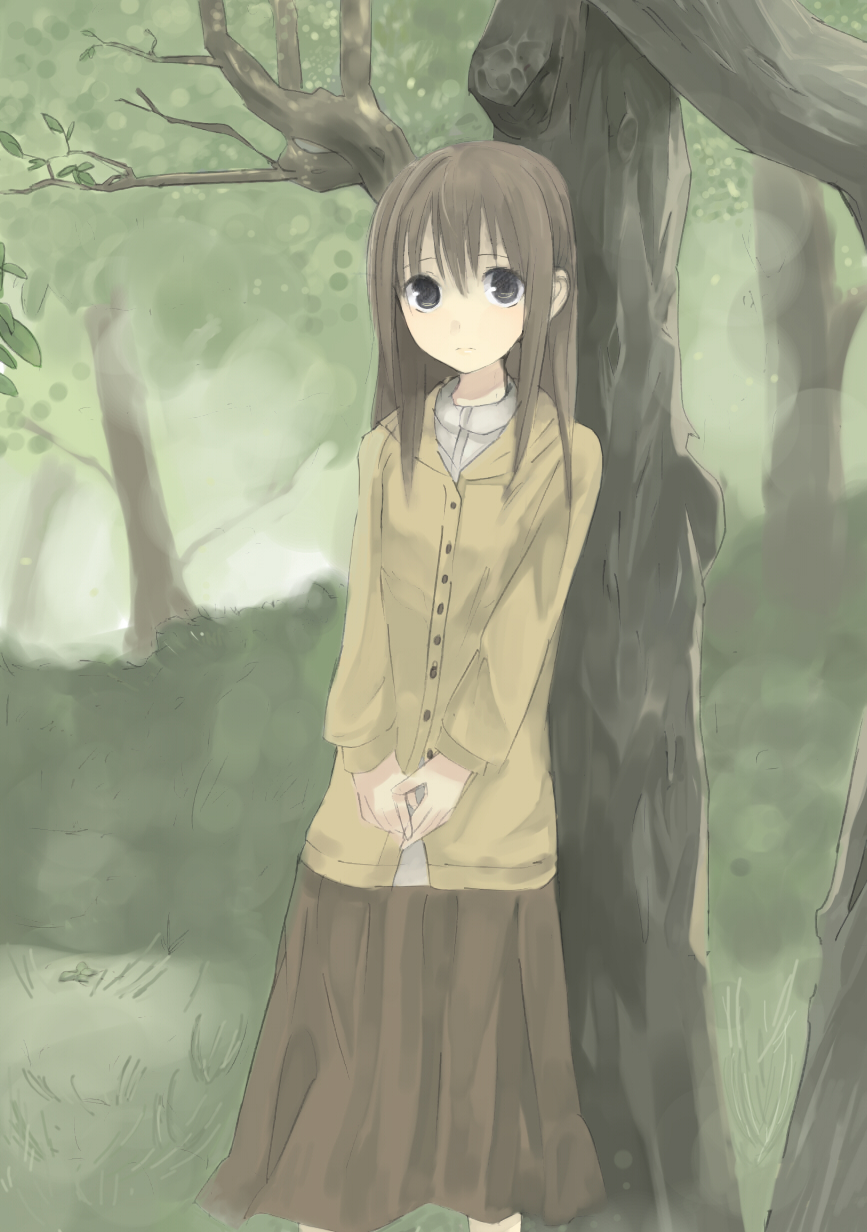 s ko, highres, black eyes, brown hair, forest, long hair, long skirt, nature, outdoors, skirt, solo, tree