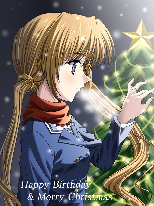 masakichi (crossroad), sakuya (sister princess), sister princess, 00s, 1girl, christmas, christmas tree, female focus, jewelry, ring, scarf, school uniform, serafuku, solo, twintails