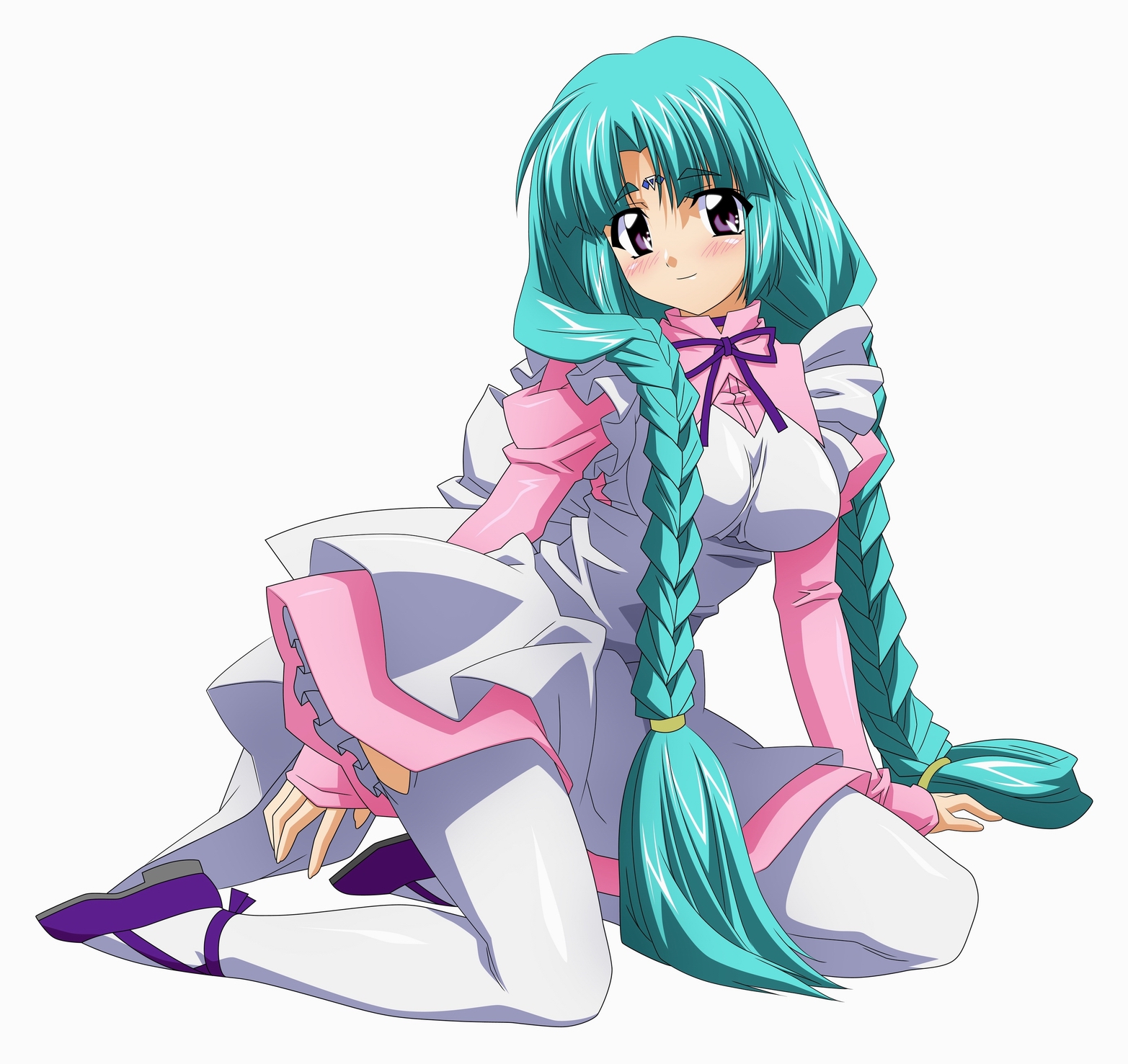 sugimura tomokazu, canal vorfeed, lost universe, highres, 1990s (style), 1girl, aqua hair, braid, female focus, full body, long hair, retro artstyle, simple background, solo, thighhighs, twin braids, white background, white thighhighs