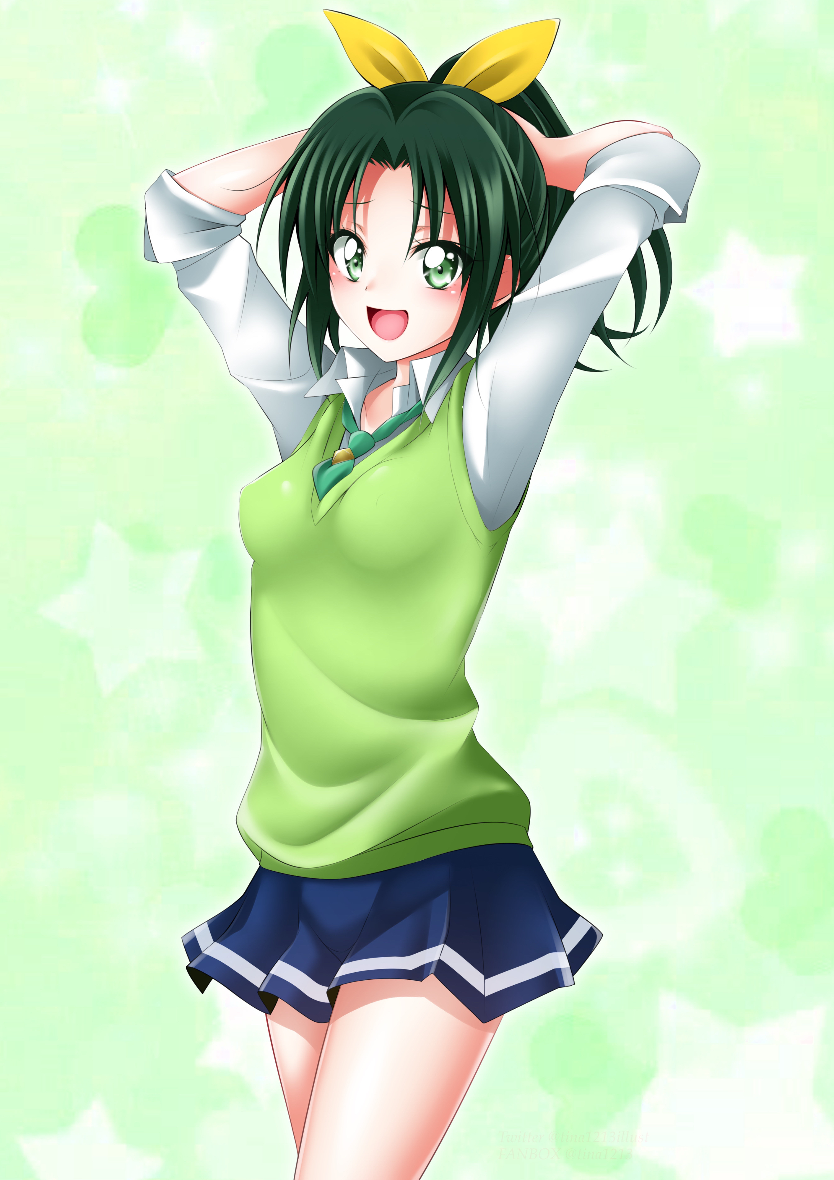 tina (pixiv37050289), midorikawa nao, precure, smile precure!, absurdres, commentary request, highres, 1girl, arms up, blush, bow, collared shirt, green background, green eyes, green hair, hair bow, looking at viewer, necktie, open mouth, parted bangs, ponytail, shirt, skirt, sleeves rolled up, smile, solo, sweater vest, tying hair