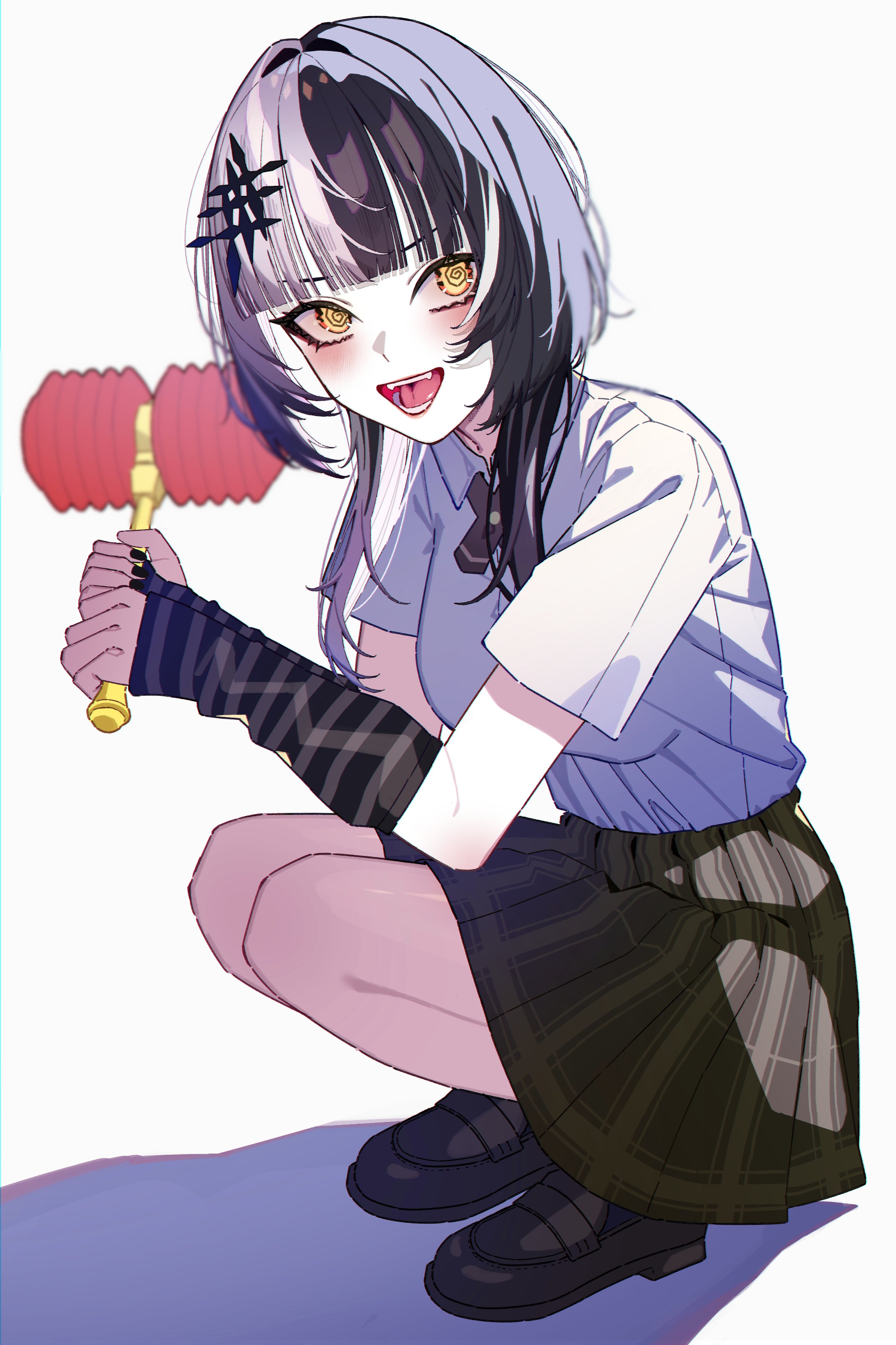 u-stadt, shiori novella, hololive, hololive english, absurdres, highres, 1girl, black arm warmers, black hair, black nails, black shoes, black skirt, collared shirt, grey hair, multicolored hair, open mouth, school uniform, shadow, shirt, shirt tucked in, shoes, skirt, solo, split-color hair, squatting, striped arm warmers, teeth, two-tone hair, virtual youtuber, white background, white shirt, yellow eyes