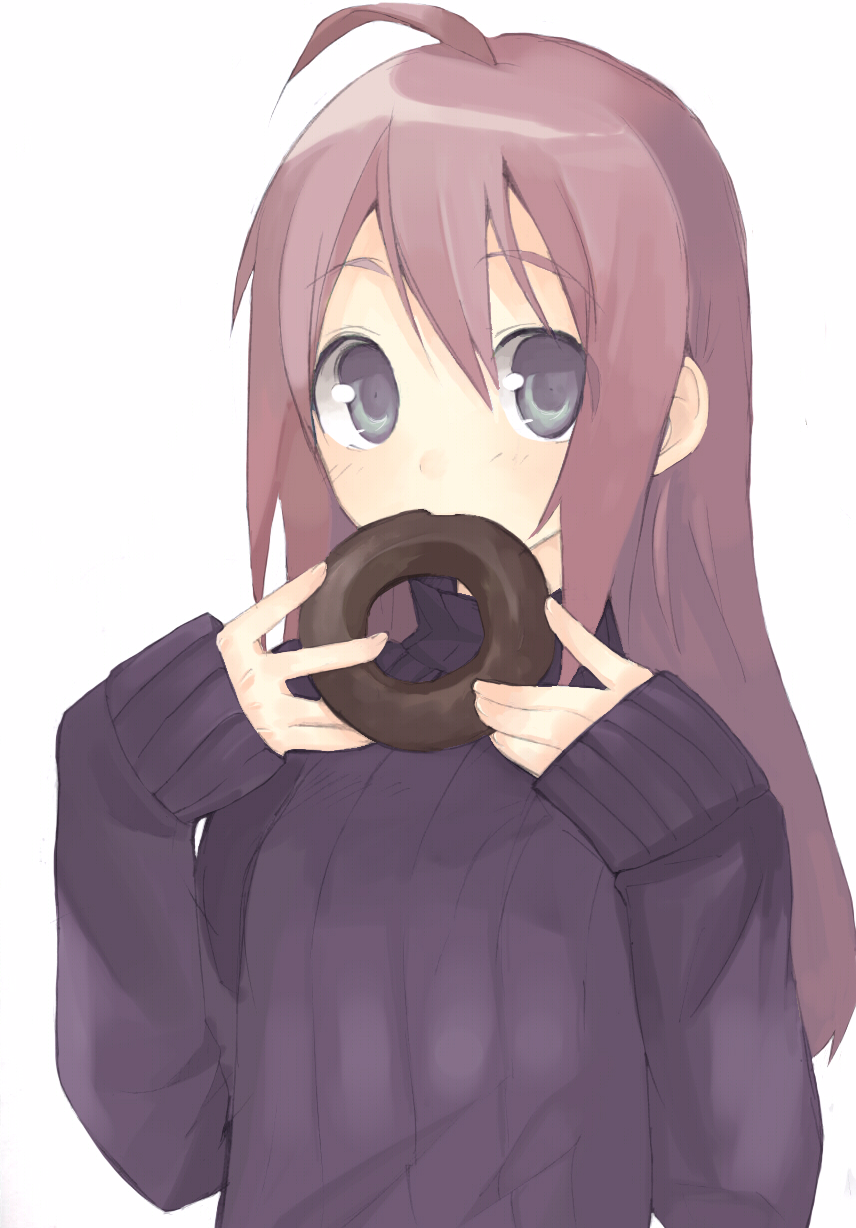 s ko, highres, 1girl, ahoge, blue eyes, donut, eating, female focus, food, long hair, looking at viewer, red hair, ribbed sweater, simple background, solo, sweater, upper body, white background