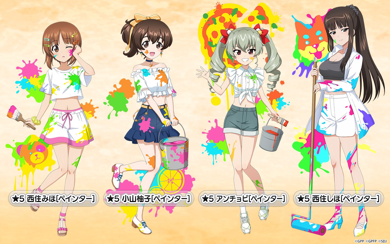 anchovy (girls und panzer), boko (girls und panzer), koyama yuzu, nishizumi miho, nishizumi shiho, girls und panzer, girls und panzer senshadou daisakusen!, highres, official art, translated, 4girls, adjusting hair, bare arms, bare legs, bare shoulders, belt, black shirt, blue skirt, blunt bangs, bow, breasts, brown eyes, brown hair, bucket, character name, choker, cleavage, collarbone, collared shirt, cropped shirt, denim, denim skirt, dolphin shorts, drill hair, earrings, food, frilled shirt, frilled skirt, frilled sleeves, frills, fruit, full body, gradient background, green hair, green shorts, hair between eyes, hair bow, hair ornament, hairclip, high heels, holding, holding bucket, holding paint roller, holding paintbrush, jacket, jewelry, legs, long hair, long sleeves, looking at viewer, midriff, miniskirt, mother and daughter, multiple girls, navel, nishizumi family dog, one eye closed, open mouth, orange bow, paint, paint can, paint roller, paint splatter, paint splatter on face, paintbrush, pizza, ponytail, red bow, red eyes, sandals, scrunchie, shirt, shoes, short hair, short sleeves, shorts, sidelocks, skirt, smile, sneakers, socks, standing, standing on one leg, t-shirt, thighs, twin drills, white jacket, white shirt, white shoes, white shorts, white socks, wrist scrunchie, yellow background, yuzu (fruit)