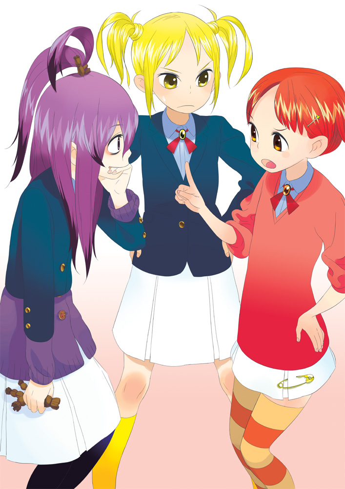 rakuraku, multicolored legwear, striped legwear, 3girls, blonde hair, crazy eyes, multiple girls, orange eyes, pantyhose, purple hair, red hair, socks, straw doll, striped clothes, striped pantyhose, thighhighs, twintails, yellow eyes